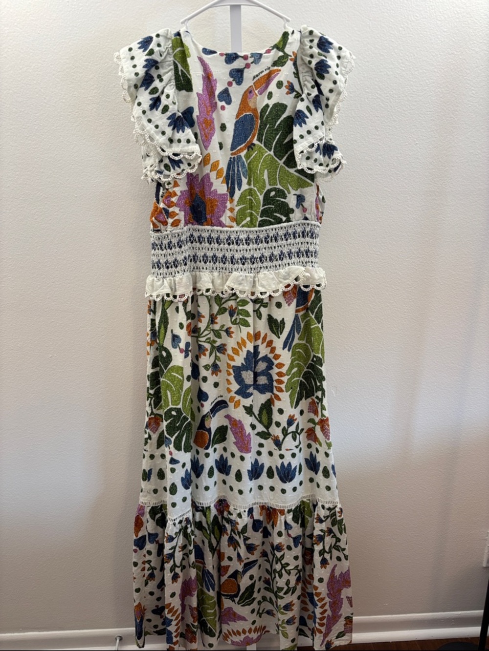 Farm Rio Floral Midi Dress Large Boho Ruffle Lace Smocked Waist Vacation Large - Picture 5 of 8